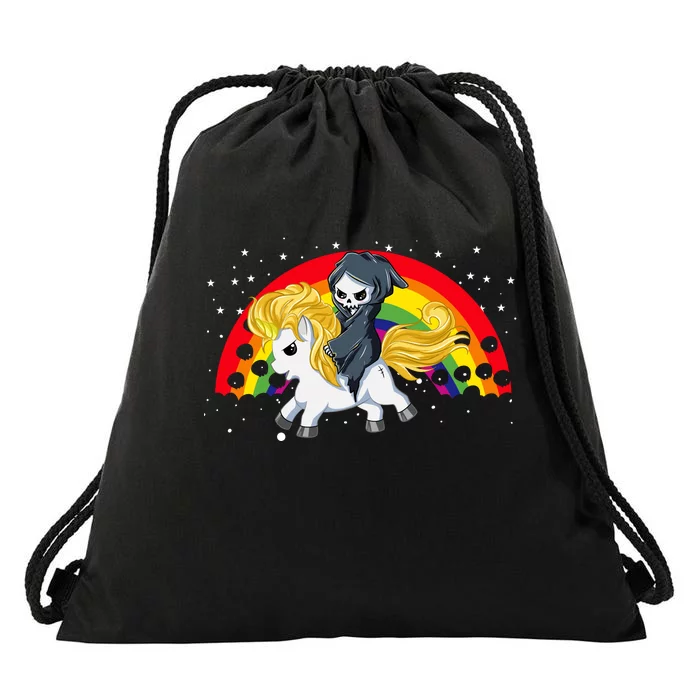 Cute Scary Ghost Face Skull Reaper On Golden Unicorn Rainbow Drawstring Bag