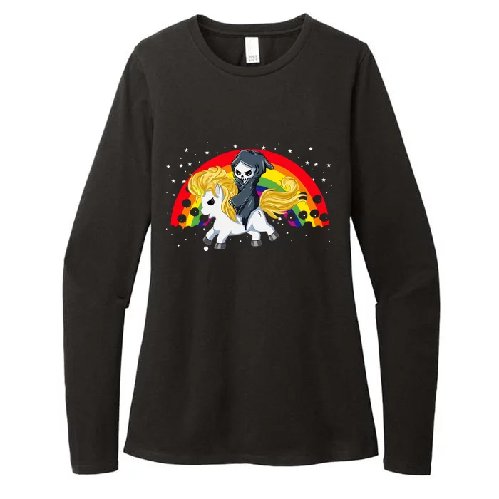 Cute Scary Ghost Face Skull Reaper On Golden Unicorn Rainbow Womens CVC Long Sleeve Shirt