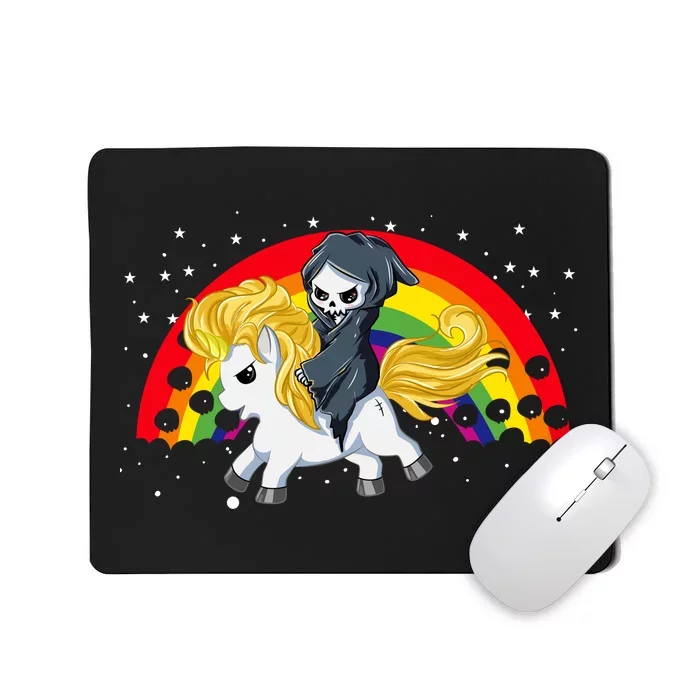 Cute Scary Ghost Face Skull Reaper On Golden Unicorn Rainbow Mousepad