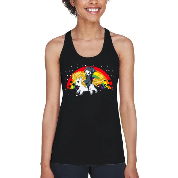 Cute Scary Ghost Face Skull Reaper On Golden Unicorn Rainbow Women's Racerback Tank