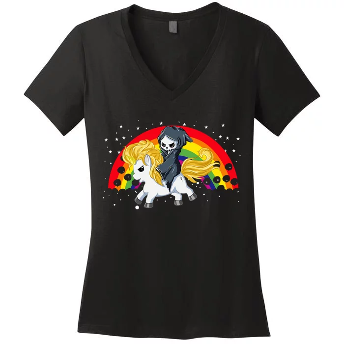 Cute Scary Ghost Face Skull Reaper On Golden Unicorn Rainbow Women's V-Neck T-Shirt