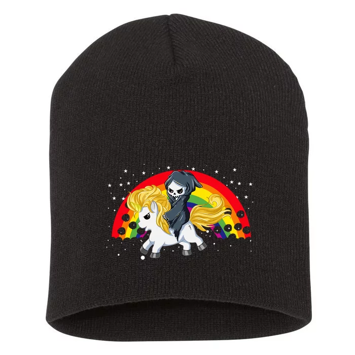 Cute Scary Ghost Face Skull Reaper On Golden Unicorn Rainbow Short Acrylic Beanie