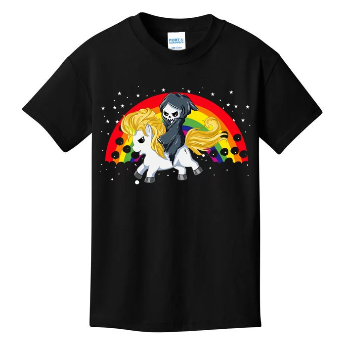 Cute Scary Ghost Face Skull Reaper On Golden Unicorn Rainbow Kids T-Shirt