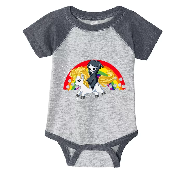 Cute Scary Ghost Face Skull Reaper On Golden Unicorn Rainbow Infant Baby Jersey Bodysuit