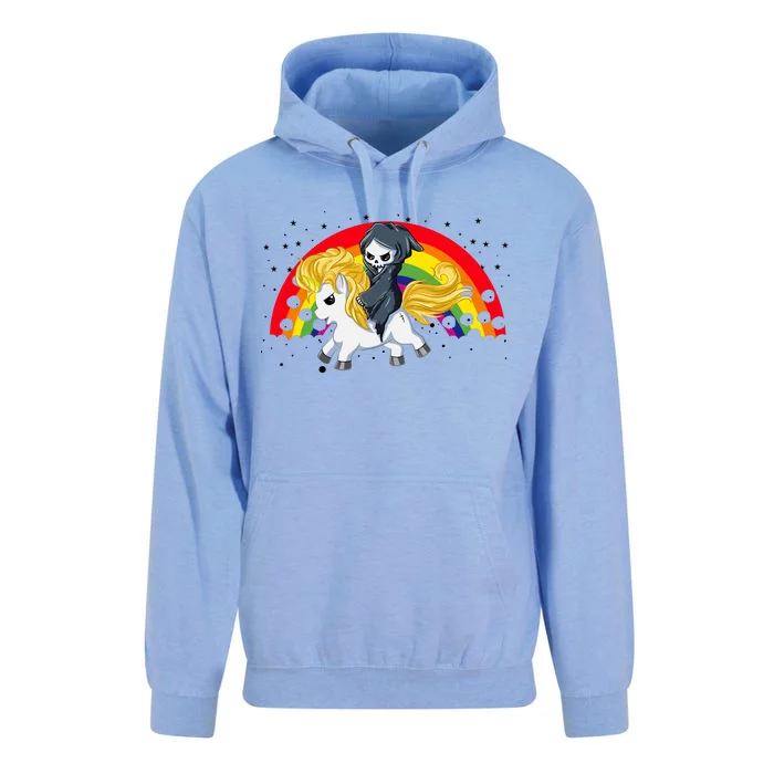 Cute Scary Ghost Face Skull Reaper On Golden Unicorn Rainbow Unisex Surf Hoodie