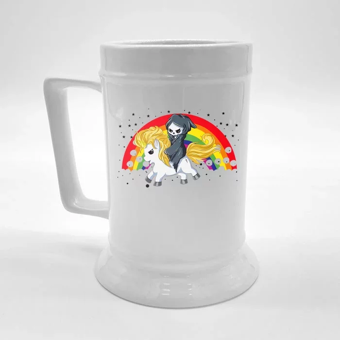 Cute Scary Ghost Face Skull Reaper On Golden Unicorn Rainbow Front & Back Beer Stein