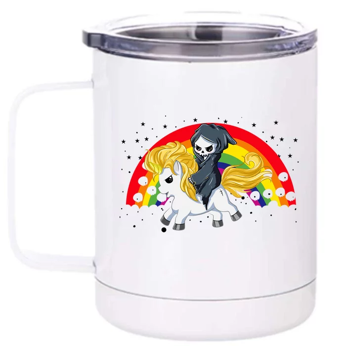 Cute Scary Ghost Face Skull Reaper On Golden Unicorn Rainbow Front & Back 12oz Stainless Steel Tumbler Cup