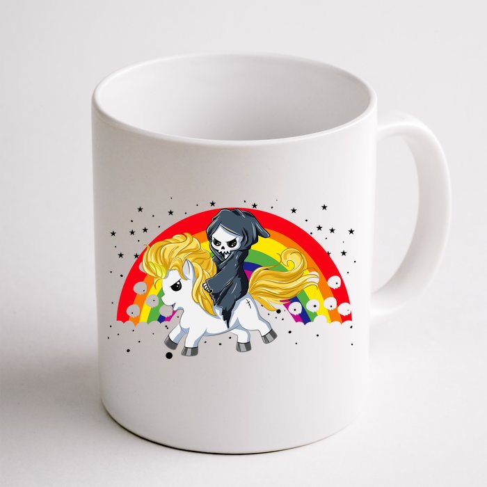 Cute Scary Ghost Face Skull Reaper On Golden Unicorn Rainbow Front & Back Coffee Mug