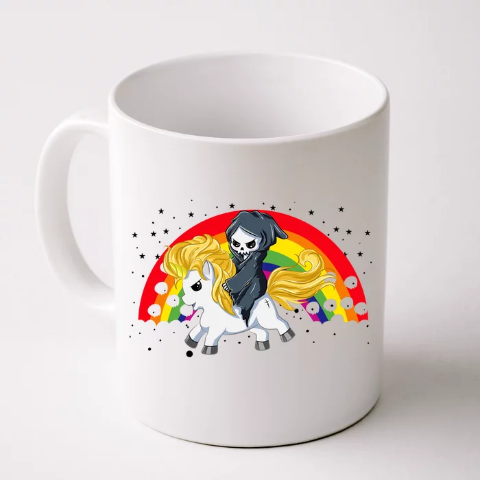 Cute Scary Ghost Face Skull Reaper On Golden Unicorn Rainbow Front & Back Coffee Mug