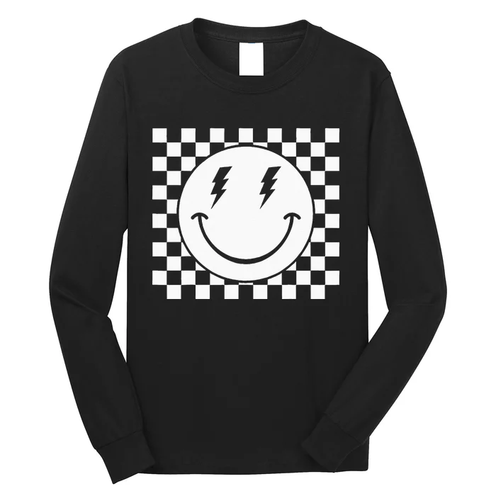 Checkered Smiling Happy Face Smile Hippie 70s Checkerboard Long Sleeve Shirt