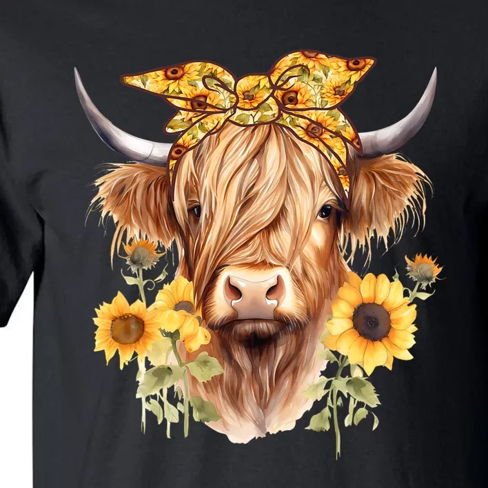 Cute Scottish Highland Cow Wearing Sunflower Bandana Heifer Tall T-Shirt