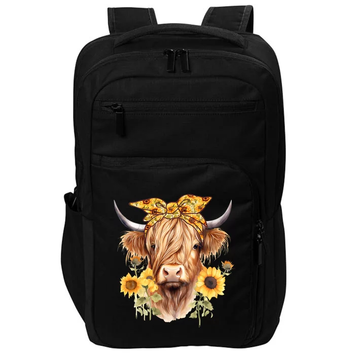 Cute Scottish Highland Cow Wearing Sunflower Bandana Heifer Impact Tech Backpack