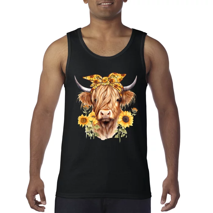 Cute Scottish Highland Cow Wearing Sunflower Bandana Heifer Tank Top