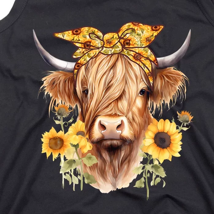 Cute Scottish Highland Cow Wearing Sunflower Bandana Heifer Tank Top