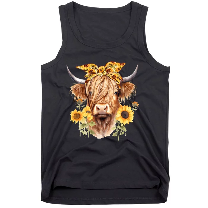 Cute Scottish Highland Cow Wearing Sunflower Bandana Heifer Tank Top