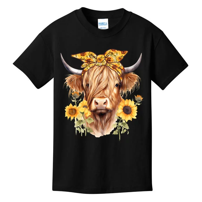 Cute Scottish Highland Cow Wearing Sunflower Bandana Heifer Kids T-Shirt