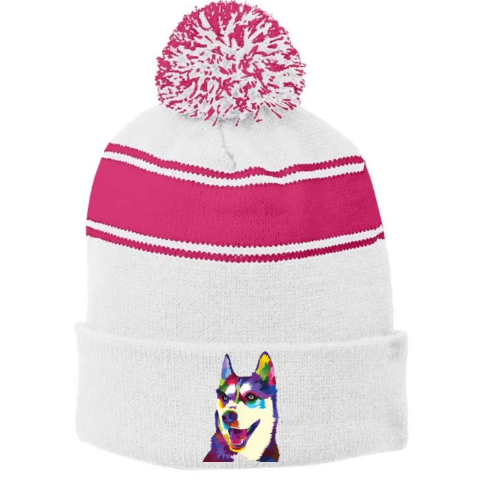 Colorful Siberian Husky Geometric Bright Dog Abstract Draw Stripe Pom Pom Beanie