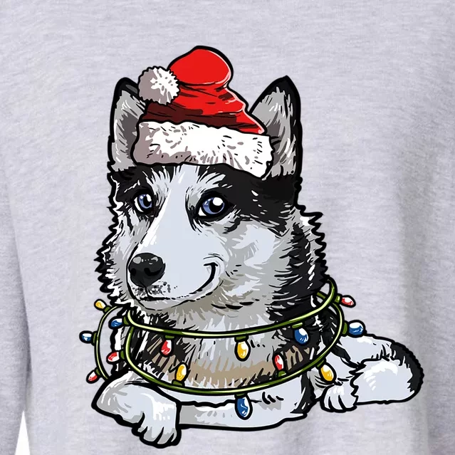 Cute Siberian Husky Santa Christmas Tree Lights Xmas Gift Cropped Pullover Crew