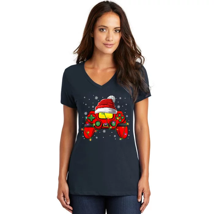 Christmas Santa Hat Video Game Controller Gamer Boy Teens Women's V-Neck T-Shirt