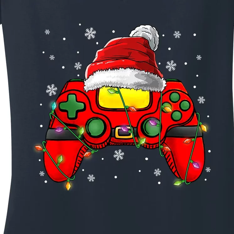 Christmas Santa Hat Video Game Controller Gamer Boy Teens Women's V-Neck T-Shirt