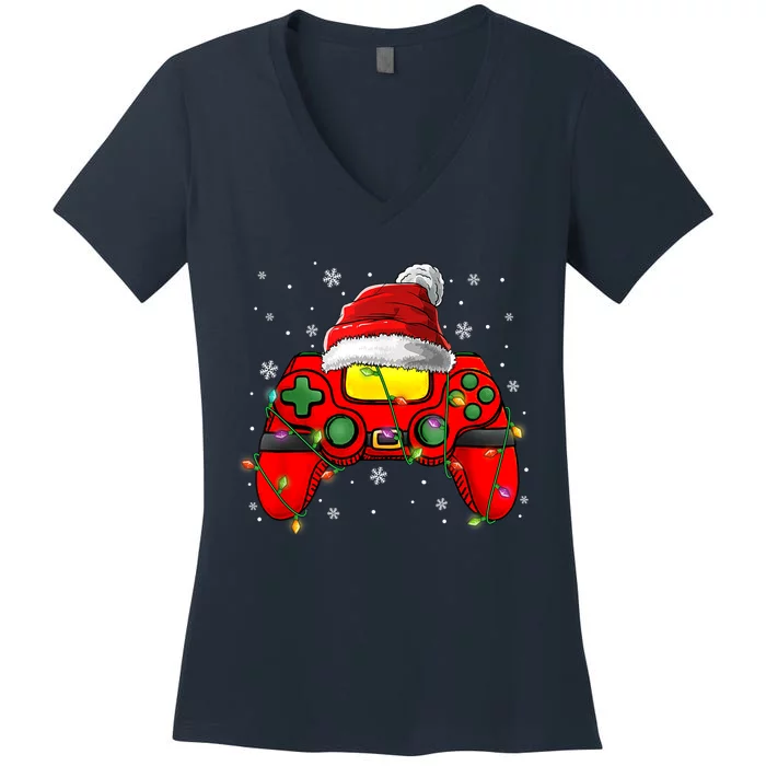 Christmas Santa Hat Video Game Controller Gamer Boy Teens Women's V-Neck T-Shirt