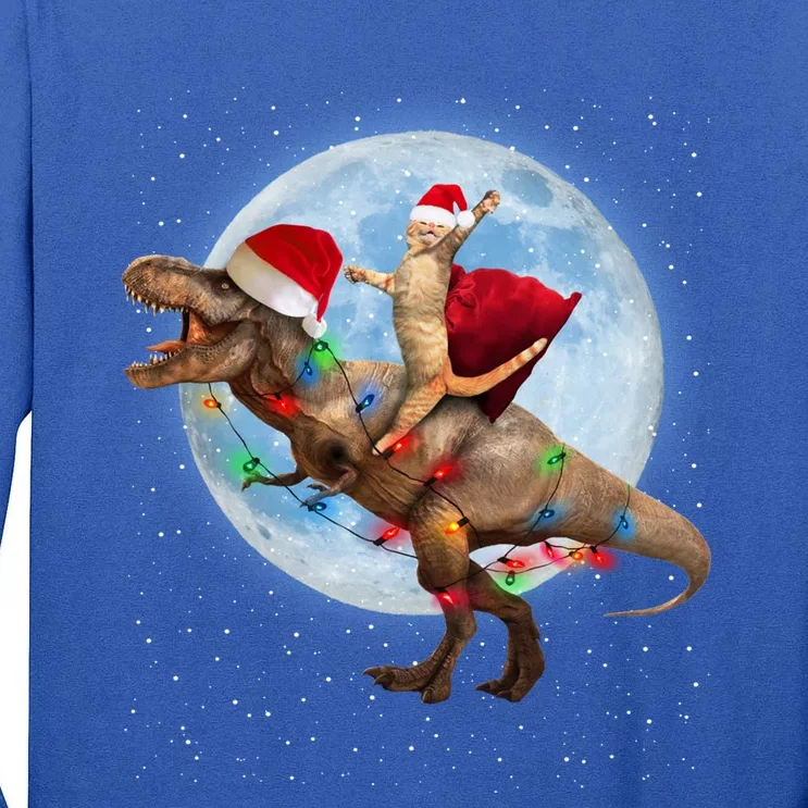 Cat Santa Hat Riding Dinosaur T Rex Moon Christmas Xmas Gift Tall Long Sleeve T-Shirt