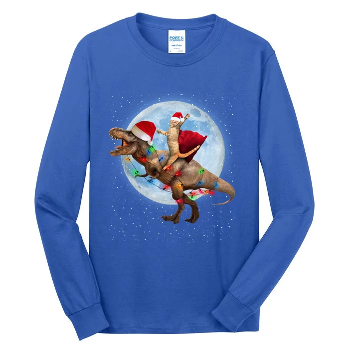 Cat Santa Hat Riding Dinosaur T Rex Moon Christmas Xmas Gift Tall Long Sleeve T-Shirt