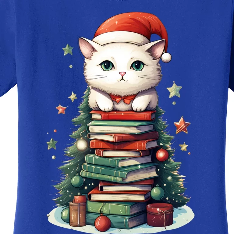 Cat Santa Hat Christmas Tree Book Lover Catmas Family Xmas Gift Women's T-Shirt