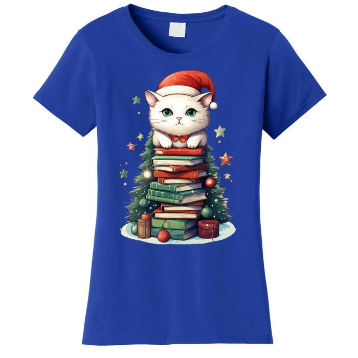 Cat Santa Hat Christmas Tree Book Lover Catmas Family Xmas Gift Women's T-Shirt