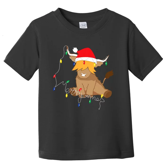 Cute Santa Highland Cow Merry Christmas Bulbs Toddler T-Shirt