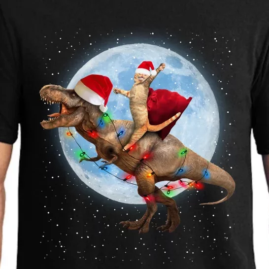 Cat Santa Hat Riding Dinosaur T Rex Moon Christmas Xmas Gift Pajama Set