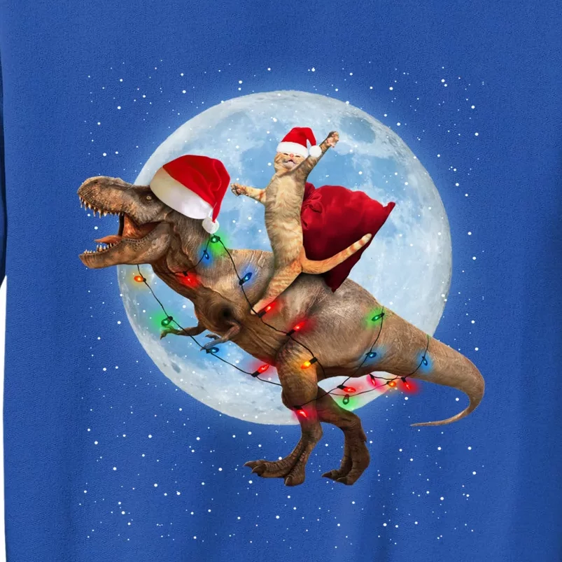 Cat Santa Hat Riding Dinosaur T Rex Moon Christmas Xmas Gift Tall Sweatshirt