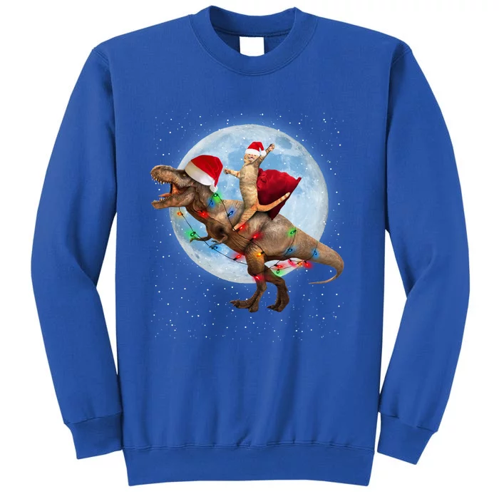 Cat Santa Hat Riding Dinosaur T Rex Moon Christmas Xmas Gift Tall Sweatshirt