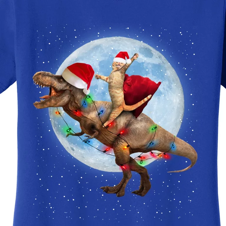 Cat Santa Hat Riding Dinosaur T Rex Moon Christmas Xmas Gift Women's T-Shirt