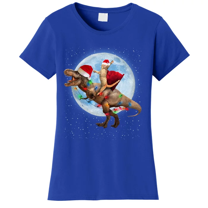 Cat Santa Hat Riding Dinosaur T Rex Moon Christmas Xmas Gift Women's T-Shirt