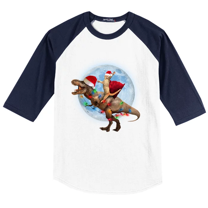 Cat Santa Hat Riding Dinosaur T Rex Moon Christmas Xmas Gift Baseball Sleeve Shirt