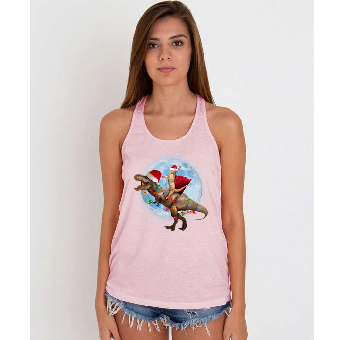 Cat Santa Hat Riding Dinosaur T Rex Moon Christmas Xmas Meaningful Gift Women's Knotted Racerback Tank