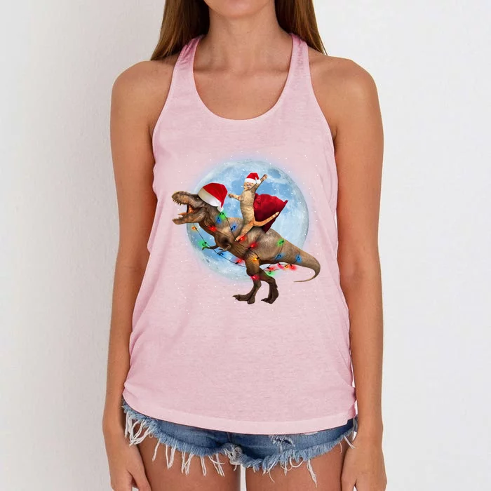 Cat Santa Hat Riding Dinosaur T Rex Moon Christmas Xmas Meaningful Gift Women's Knotted Racerback Tank