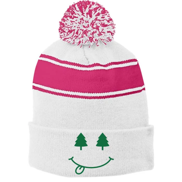 Christmas Smiley Holiday Stripe Pom Pom Beanie