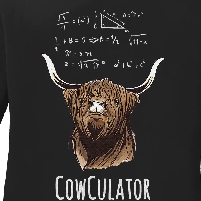 Cowculator Scottish Highland Cattle Animal Math Numbers Ladies Long Sleeve Shirt