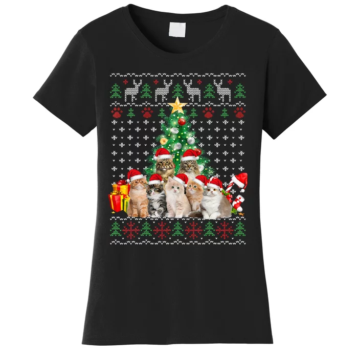 Cats Santa Hat Christmas Funny Xmas Tree Women's T-Shirt