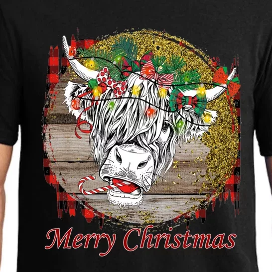 Cute Santa Highland Hairy Cow Merry Christmas Red Plaid Gift Pajama Set