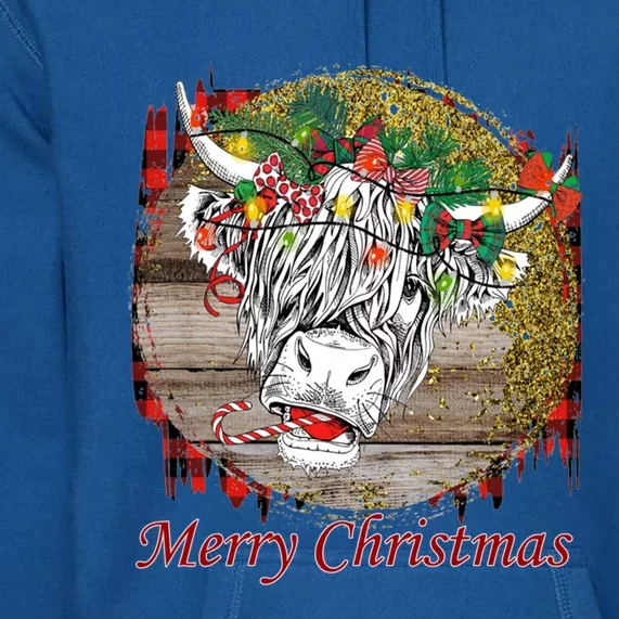 Cute Santa Highland Hairy Cow Merry Christmas Red Plaid Gift Premium Hoodie