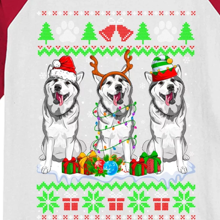 Christmas Siberian Husky Dog Puppy Lover Ugly Xmas Sweater Funny Gift Kids Colorblock Raglan Jersey