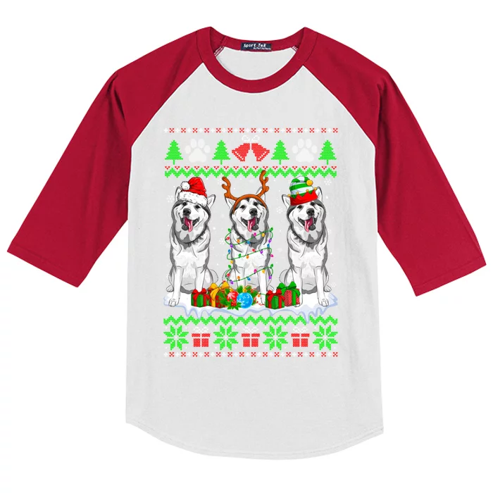 Christmas Siberian Husky Dog Puppy Lover Ugly Xmas Sweater Funny Gift Kids Colorblock Raglan Jersey