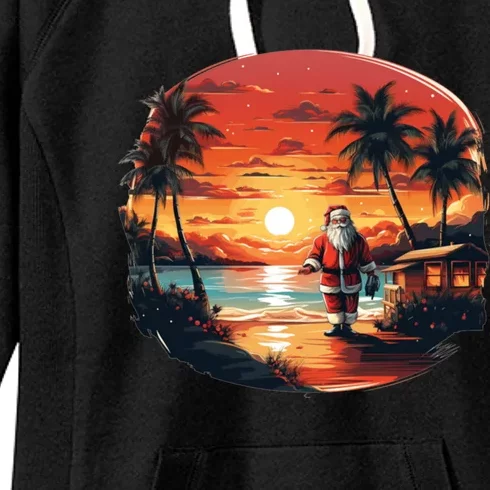 Cool Sunset Holiday Under Palm Trees With Santa And Xmas Funny Gift Women's Fleece Hoodie