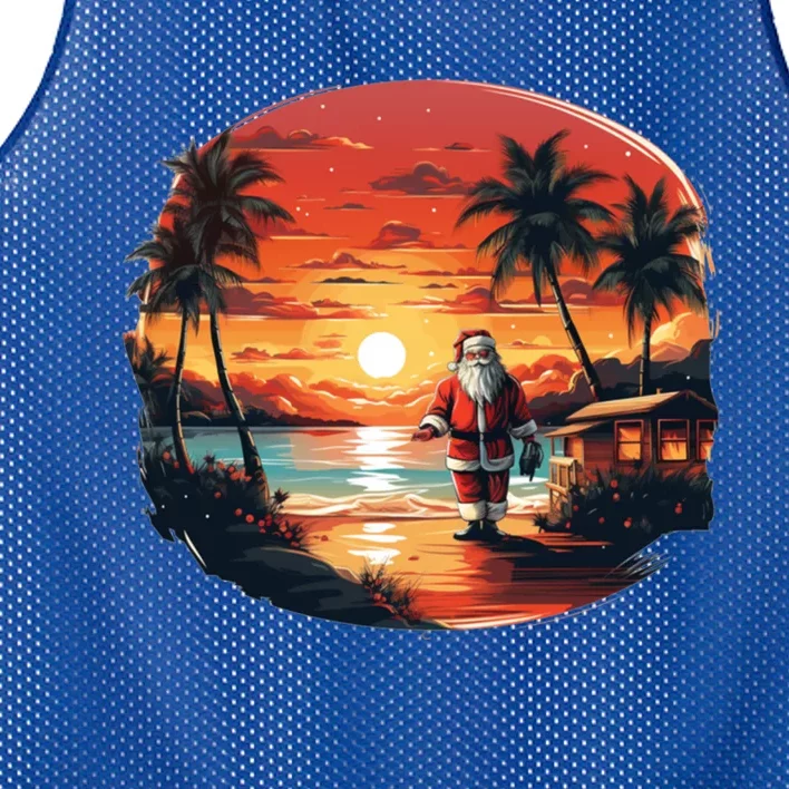 Cool Sunset Holiday Under Palm Trees With Santa And Xmas Funny Gift Mesh Reversible Basketball Jersey Tank