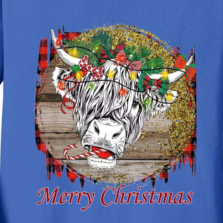 Cute Santa Highland Hairy Cow Merry Christmas Red Plaid Gift Kids Long Sleeve Shirt