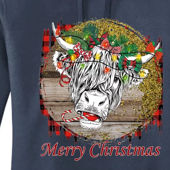 Cute Santa Highland Hairy Cow Merry Christmas Red Plaid Gift Women's Pullover Hoodie