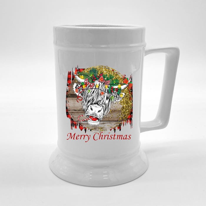 Cute Santa Highland Hairy Cow Merry Christmas Red Plaid Gift Front & Back Beer Stein